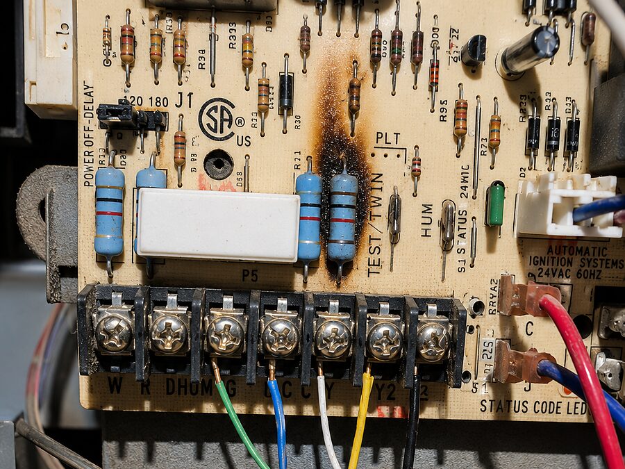 Heat-damaged HVAC control board inspected during burning smell diagnostics