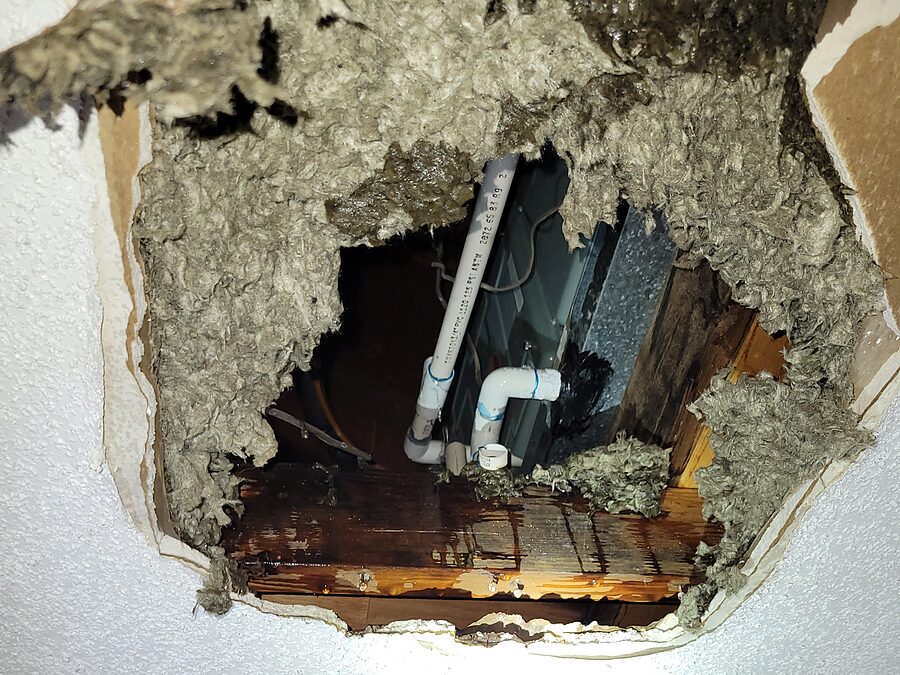 Ceiling stain and attic air handler checked during AC drain pan leak diagnostics