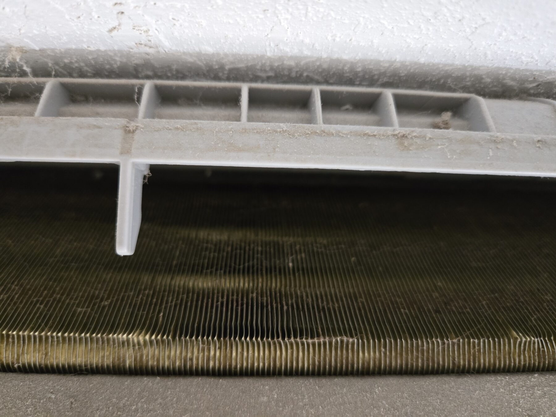 Evaporator coil closeup showing coil surface and airflow path