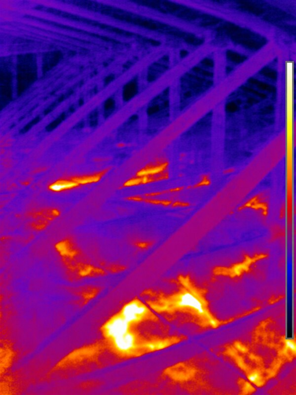 FLIR thermal image of attic framing showing missing insulation heat patterns