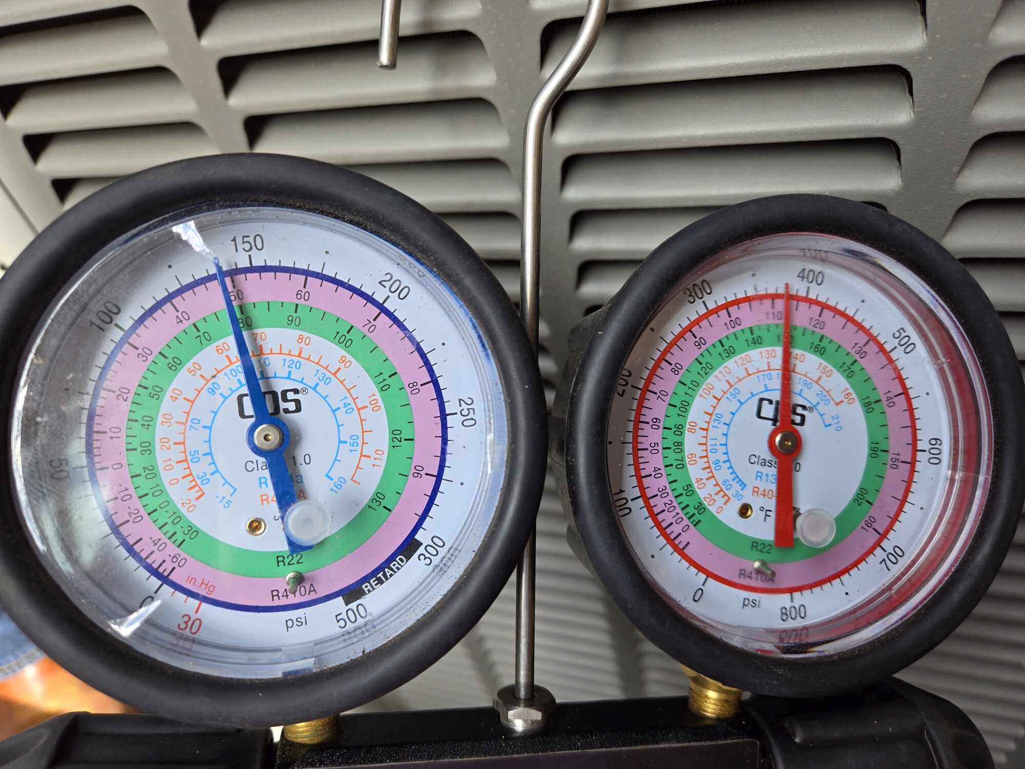 HVAC diagnostic gauges connected during air conditioning service
