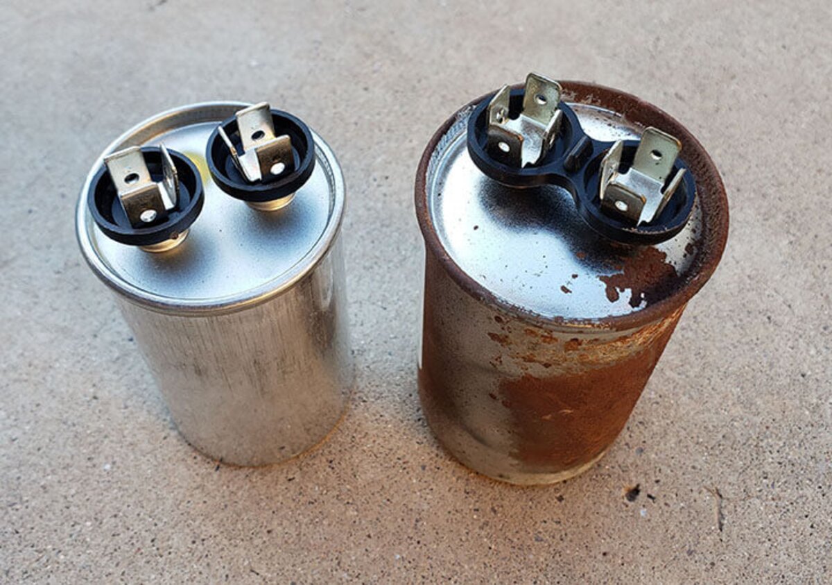 Good and failed HVAC capacitors shown side by side
