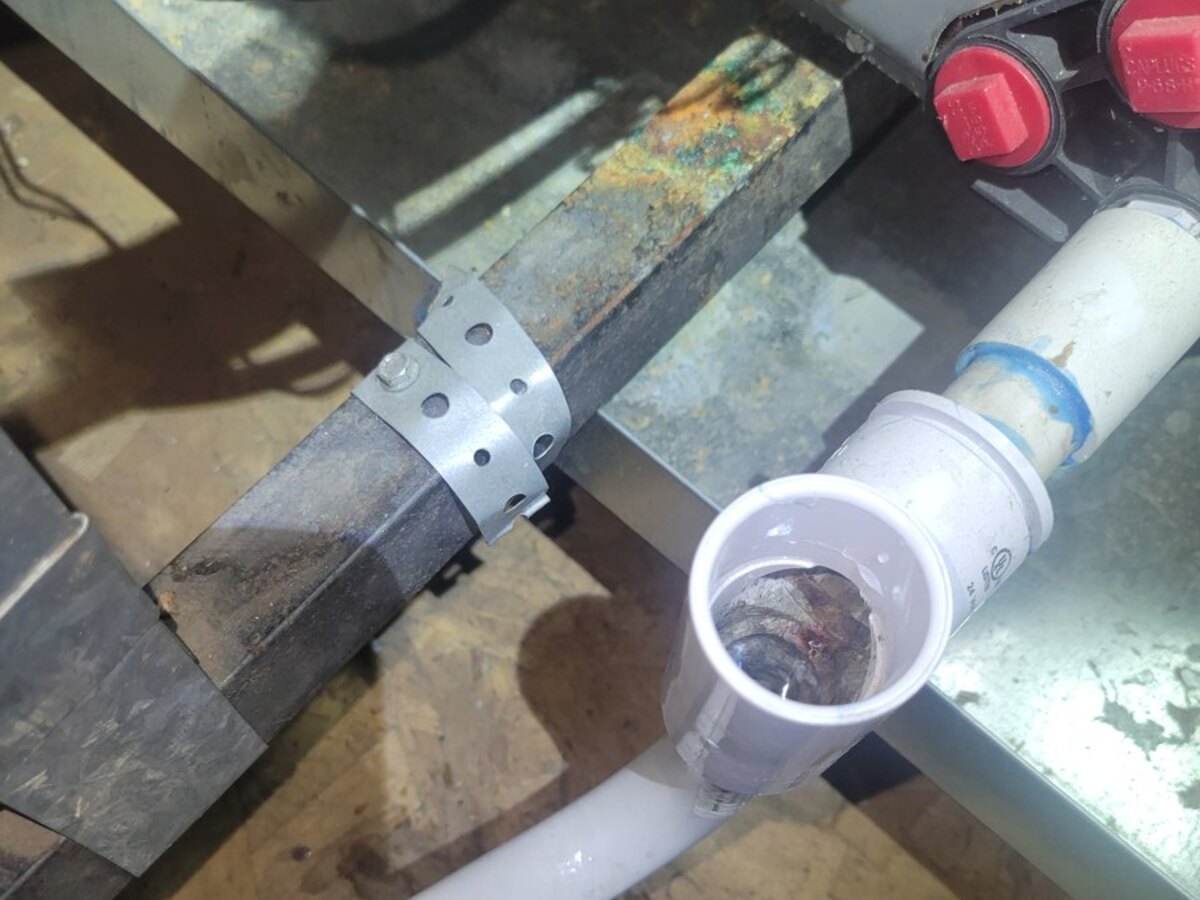 Debris inside an open HVAC condensate trap during drain service