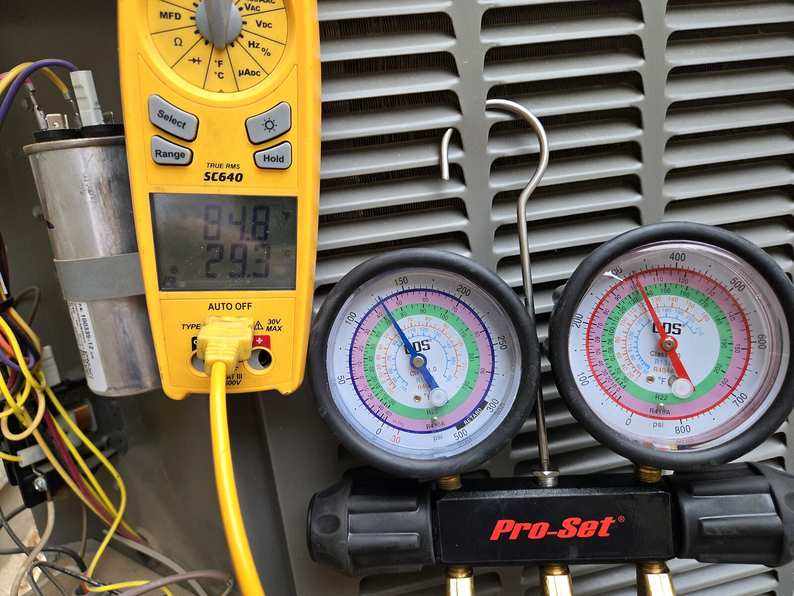 HVAC gauges and meter readings used during coil refrigerant and heat transfer diagnostics