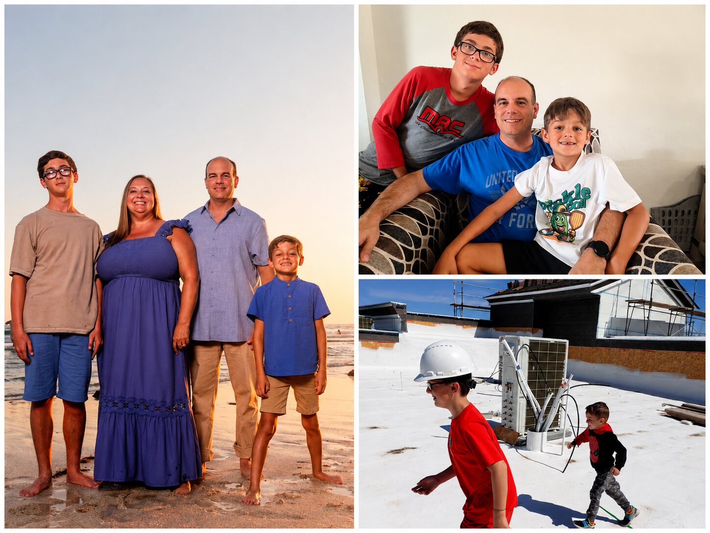 Tony Aimonetti with family and rooftop HVAC work