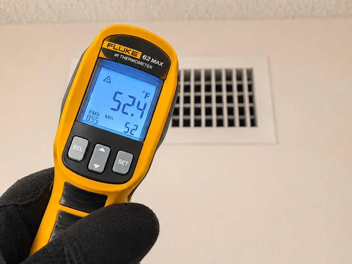 Infrared thermometer showing a supply vent temperature during AC diagnostics