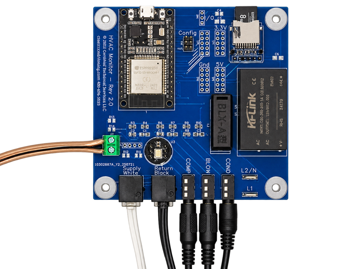 HVAC Monitor board with connections for the equipment sensors