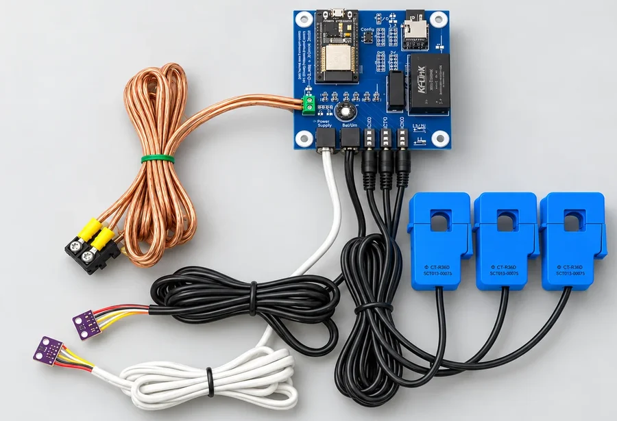 HVAC Monitor board with current sensors temperature probes and equipment wiring